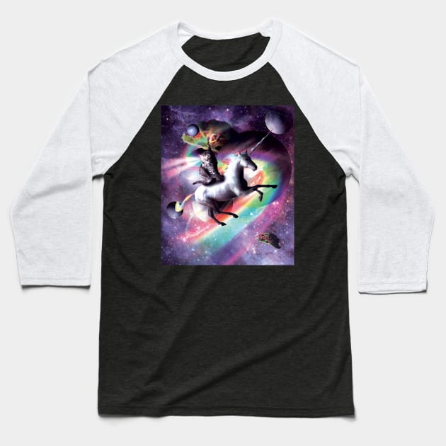 Space Cat Riding Unicorn - Laser, Tacos And Rainbow Baseball T-Shirt by Random Galaxy